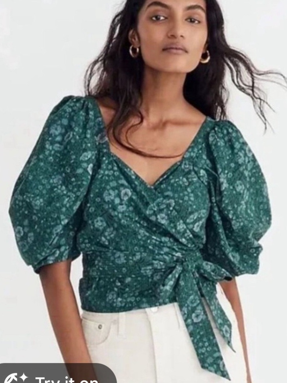 Madewell Emerald Green Floral Wrap Blouse with Puff Sleeves
